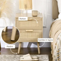 HOMCOM Set 2 Comodini per Camera da Letto Stile Boho con 2 Cassetti, 40x40x56cm, Legno Naturale(m-6)