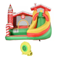 HOMCOM Hüpfburg mit Weihnachtsmotiv, selbstaufblasend, inkl. Gebläse, 290 cm x 280 cm x 220 cm, Gelb + Grün + Rot(m-10)