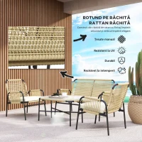 Outsunny Set pentru Exterior din Canapea cu 2 Locuri, 2 Fotolii cu Perne și Măsuță de Cafea din Sticlă, 110x65x74 cm, Galben(m-4)
