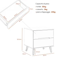 HOMCOM Comodino Moderno con 2 Cassetti in Truciolato e Gambe in Legno di Pino, 50Lx40Px50.5A cm, Bianco(m-3)