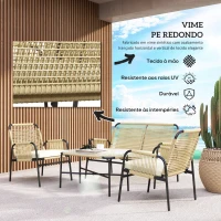 Outsunny Conjunto de 4 Peças de Móveis de Jardim de Vime Sintético com 2 Poltronas 1 Sofá Duplo 1 Mesa de Centro Natural e Preto(m-4)