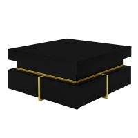 Couchtisch, Hochglanz-Wohnzimmertisch mit Schubladen und vergoldeten Akzenten, 70×70×35,5 cm, Schwarz(m-2)