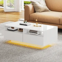 Tavolino da salotto LED lucido con 2 cassetti, con luci LED a 16 colori e USB, 95×50×35 cm, Bianco(m-1)