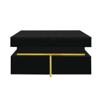 Tavolino da salotto laccato lucido con cassetti e dettagli dorati, 70×70×35,5 cm, Nero(m-12)