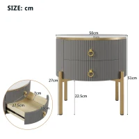 Table d'appoint avec tiroirs, structure en marbre, pieds et poignées dorés, réglable, 50×50×51 cm, Gris(m-3)