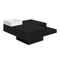 Quadratischer Couchtisch mit LED-Lichteffekt und abnehmbarer Aufbewahrungsbox, Schwarz(m-11)