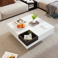 Couchtisch Hochglanz, Beistelltisch mit abnehmbarer Aufbewahrungsbox und LED-Lichteffekt, 72×72×30 cm, Weiß