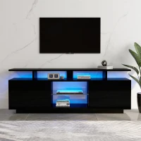Mobilier TV modern cu iluminare LED în 16 culori, panou frontal lucios, raft din sticlă, 140×35×55 cm, Negru(m-2)