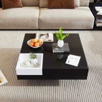 Table basse en haute brillance, table de salon avec boîte de rangement amovible et effet lumineux LED, 72×72×30 cm, Noir(m-4)