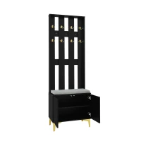 Set guardaroba con panca per scarpe e cuscino, frontale armadio con ganci, 60,5×180,5×35,2 cm, Nero+Oro(m-11)