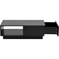 Table basse moderne en finition brillante avec éclairage LED,  15 couleurs,  1 tiroirs et 2 étagères,  95×55×32 cm, Noir(m-6)