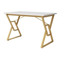 Table à manger avec pieds en métal, marbrure moderne, structure métallique stable, 119×70×75 cm,Blanc+Or(m-8)