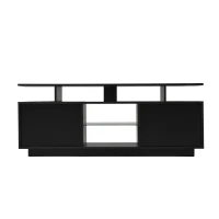 Meuble TV moderne avec éclairage LED,  panneau de porte en haute brillance,  étagère en verre,  140×35×55 cm, Noir(m-2)
