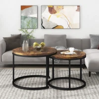 Table basse ronde 2 pièces,  table d'appoint imbriquée avec plateau en MDF et cadre en acier ferreux, Marron(m-4)