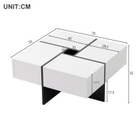 Table basse élégante en finition brillante avec 4 tiroirs,  compartiment de rangement intégré et haute stabilité,  70×70×35 cm, Blanc+Noir(m-3)
