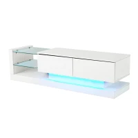 Stilvoller Hochglanz-TV-Schrank, 1,4m Länge, 16-farbige LED-Beleuchtung, für 60-Zoll-Fernseher, mit Glasablage und verstecktem Stauraum, 140×38×38 cm,  Weiß(m-7)