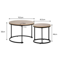 Runder Couchtisch 2er Set, Stapelbare Beistelltische aus MDF mit Metallrahmen, Platzsparendes Design, Großer Tisch: 50 x 70,5 cm, Kleiner Tisch: 45,5 x 44 cm,  Eiche(m-3)