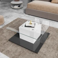 Moderner Couchtisch aus Hochglanzglas mit verstellbarem LED-Lichtstreifen und Lenkrollen, 80×80×40 cm, Weiß+Schwarz(m-5)