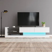 Stilvoller Hochglanz-TV-Schrank, 1,4m Länge, 16-farbige LED-Beleuchtung, für 60-Zoll-Fernseher, mit Glasablage und verstecktem Stauraum, 140×38×38 cm,  Weiß(m-5)