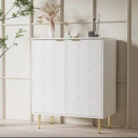 Sideboard mit 2 Türen, Kommode für Wohnzimmer, Bad- und Schlafzimmer, vergoldete Füße und Griff, florales Muster, stoßsicheres Eckdesign, 3 Einlegeböden, 6 Fächer, 75Lx40Bx90H, Golden+Weiß(m-1)