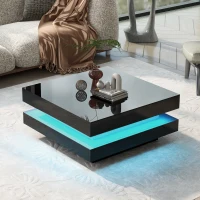 Table basse carrée,  style technologique moderne avec éclairage LED,  70×70×36 cm, Noir(m-1)
