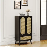 Buffet compact,  design en rotin,  2 portes,  1 tiroir,  pieds réglables en hauteur, Noir(m-4)