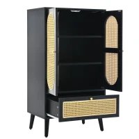 Buffet compact,  design en rotin,  2 portes,  1 tiroir,  pieds réglables en hauteur, Noir(m-8)