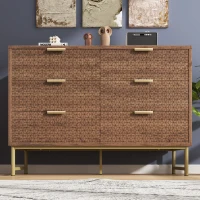 Embossed Design Wood Chest of Drawers with 6 Drawers, Living Room Sideboard with Anti-tip Design, 120L x 40W x 75H cm, Walnut(m-7)