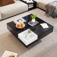 Quadratischer Couchtisch mit LED-Lichteffekt und abnehmbarer Aufbewahrungsbox, Schwarz(m-1)
