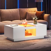 Table basse blanche avec revêtement en verre,  éclairage LED,  contrôle par application,  2 tiroirs et compartiment ouver, Blanc(m-4)