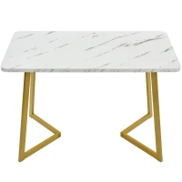Table rectangulaire 117x68 cm, plateau en MDF effet marbre, pieds en métal doré, polyvalent pour salle à manger et salon,Blanc Doré(m-5)