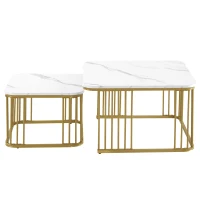 Set de 2 măsuțe pătrate din marmură lucioasă, măsuțe suprapozabile cu picioare aurii, 70×70×45 cm și 50×50×36,5 cm, Alb(m-1)
