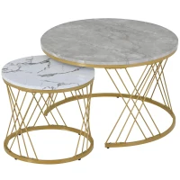 Modernes Nesting Couchtisch-Set, 2er Set, MDF mit Marmormuster, runde Endtische, stabiler Metallrahmen, 70×70×45 cm, Grau(m-2)