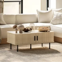 HOMCOM Coffee Table with Storage, Living Room Table with Slatted Tambour Sliding Doors and Foot Pads, Rectangular Coffee Table with Elevated Base for Living Room, Oak(m-10)
