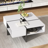 Table basse carrée moderne,  5 compartiments ouverts,  compartiment de rangement central 10x10 cm, 70x70x35 cm, Noir Blanc(m-4)