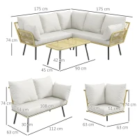 Outsunny Set de Mobilier de Grădină din Ratan din 4 Piese cu Canapea de Colț cu Perne și Măsuță de Cafea, 11x63x74 cm, Crem(m-3)