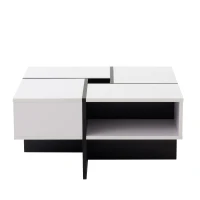 Table basse carrée moderne,  5 compartiments ouverts,  compartiment de rangement central 10x10 cm, 70x70x35 cm, Noir Blanc(m-10)