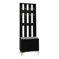 Set guardaroba con panca per scarpe e cuscino, frontale armadio con ganci, 60,5×180,5×35,2 cm, Nero+Oro(m-2)
