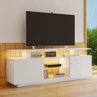 Moderner TV-Schrank mit 16-farbiger LED-Beleuchtung, Hochglanzoberfläche, Glasfächern und 5 offenen Ablagen, 140×35×61 cm, Weiß(m-5)