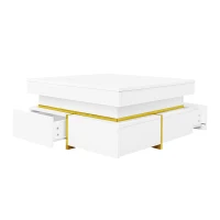Couchtisch weiß hochglanz 70x70 cm mit goldenen Akzenten und Schubladen für Wohnzimmer moderner Haushalte(m-11)