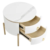 Tavolino con cassetti, texture di marmo, gambe e maniglie dorate, 50×50×51 cm, Bianco(m-12)