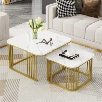 Vielseitiger Couchtisch Set 70x70 cm mit Hochglanz-Marmoroptik goldenen Beinen ineinander schiebbare und verstellbare Füße Weiß(m-5)