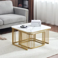 Ensemble de 2 tables basses carrées en marbre à haute brillance,  tables gigognes avec pieds dorés, Blanc(m-4)
