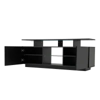 Mobilier TV modern cu iluminare LED în 16 culori, panou frontal lucios, raft din sticlă, 140×35×55 cm, Negru(m-6)