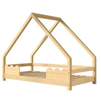 Letto per bambini a forma di casa 80×160 cm, incluso rete a doghe, con protezione anticaduta, in legno massello, Naturale(m-7)