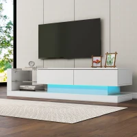 Meuble TV élégant en finition brillante,  1, 4 m de longueur,  éclairage LED 16 couleurs,  pour téléviseur de 60 pouces,  avec étagère en verre et espace de rangement caché,  140×38×38 cm, Blanc(m-1)