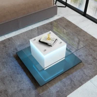 Table basse moderne en verre brillant avec bande LED réglable et roulettes, 80×80×40 cm, Blanc+Noir(m-4)
