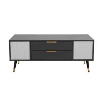 Măsuță de cafea modernă 100×50×40 cm cu 2 uși, 2 sertare și accente aurii, spațiu de depozitare practic, Alb+gri(m-1)