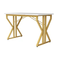 Esstisch mit Metallbeinen, moderner Marmortisch, stabiles Metallgestell, verstellbare Tischbeine, 119×70×75cm, Weiß+Gold(m-7)