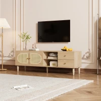 Meuble TV en rotin 150×40×50 cm,  avec 2 portes en rotin,  2 tiroirs,  étagère réglable en hauteur et gestion des câbles,  pour téléviseur jusqu'à 60 pouces, Chêne(m-5)